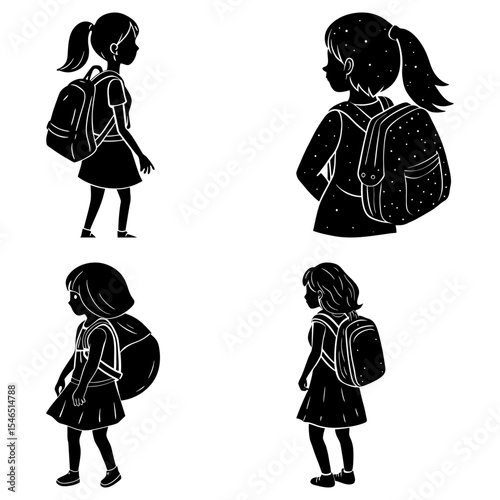 Four silhouettes of girls with backpacks in various poses ready for school in black and white style