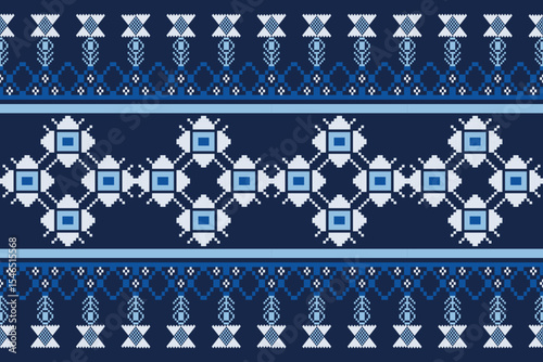 Pixelated textile art on Navy blue background , abstract shapes floral tone blue color. Design for Fabric Rustic , National costume detail , carpet, curtains.