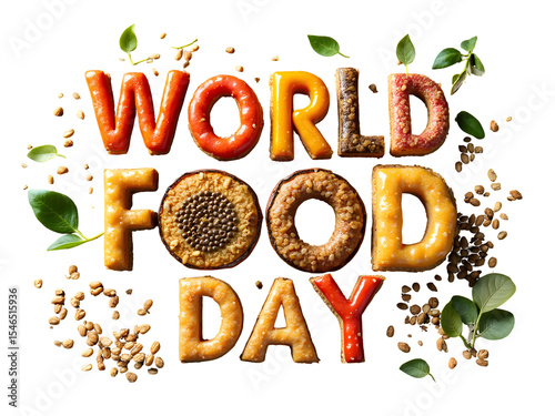 World Food Day Typography: A vibrant and appetizing typographic display celebrating World Food Day, crafted from an array of delicious ingredients.