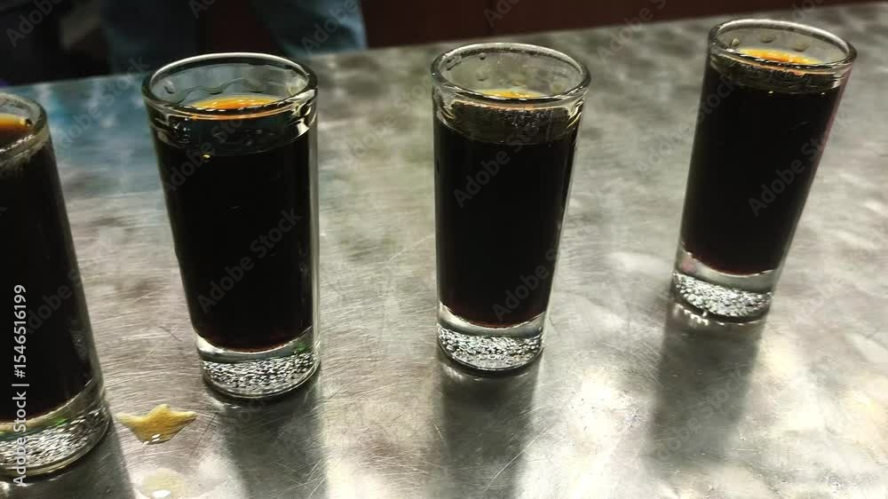 Chupitos de vino dulce en caseta de feria con barquillo de galleta 
