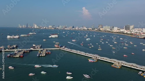 Aerial view of Pattaya city and sea bay with ships, boats and yachts, Thailand, 4k