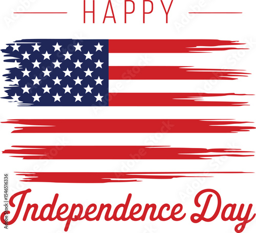 Independence Day Celebration Symbol Featuring a Brush-Stroke Style American Flag in Blue, Red, and White with Decorative Typography: “Happy” in Red Above and “Independence Day” in Elegant Red Script 