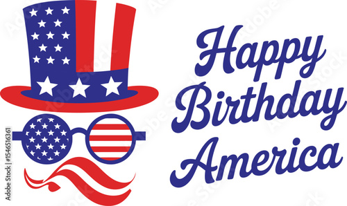 Patriotic Character Symbol Featuring a Stylized Cartoon Face with Celebratory Elements: A Top Hat with Stars and Stripes, Round Glasses with the American Flag Pattern, and a Curled Mustache Resembling