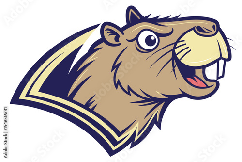 Beaver head with an angry expression shows its incisors in front of a crest