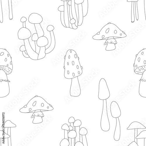 A black and white drawing of various mushrooms. Doodle seamless pattern with toadstool and fly agaric.