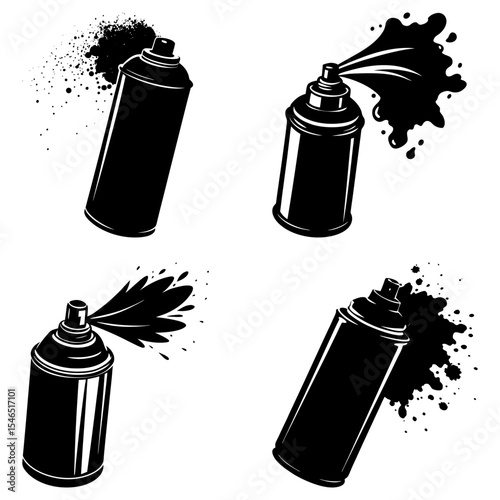 Four black and white illustrations of spray paint cans with paint spraying out in various directions