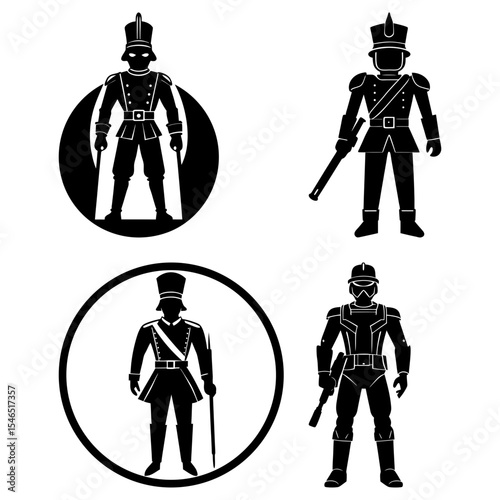 Illustrations of soldiers and guards in uniform with weapons and circular backgrounds in black and white
