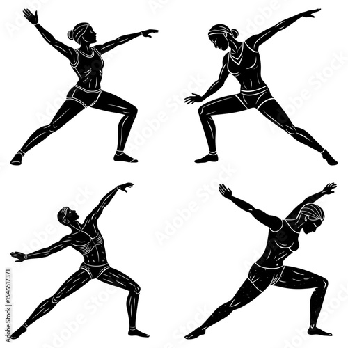 Illustration showing four figures in various yoga poses with arms extended and legs apart in black and white