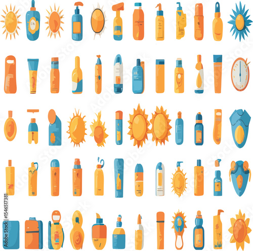 Sunscreen and Sun Protection Vector Icon Set – SPF Bottles, Sunblock Tubes, and Summer Skincare Essentials
