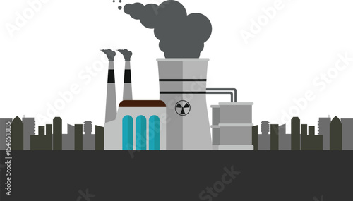 vector illustration of a modern nuclear power plant, showcasing its cooling towers, reactor buildings, and security features.