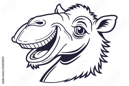 Cheerful camel cartoon head shows large smile with exposed teeth in monotone art