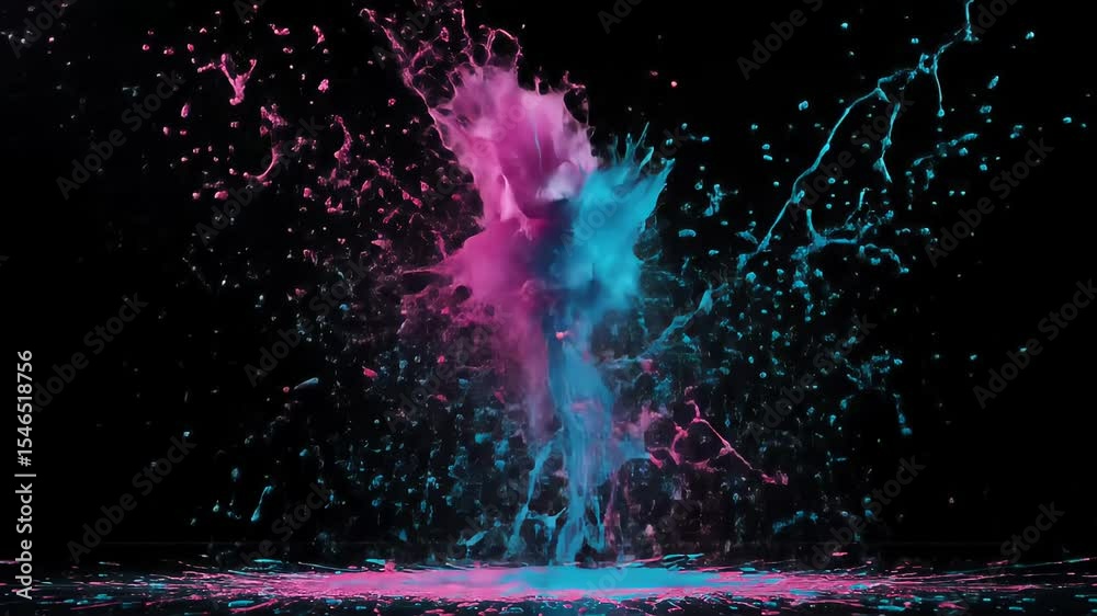 Explosive splash of colorful liquid converging on central logo with bold contrast and dynamic energy
