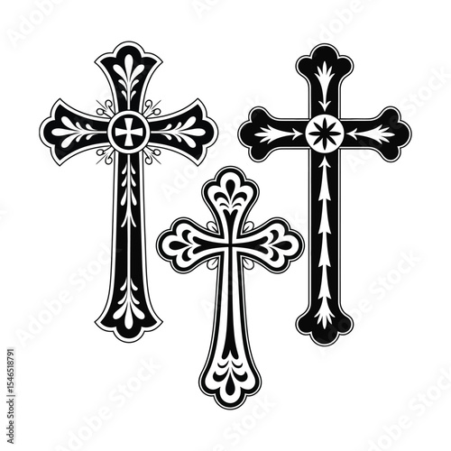Ornate gothic crosses black and white silhouette vector art illustration
