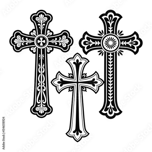 A black and white illustration of three ornate religious crosses arranged in a horizontal layout.