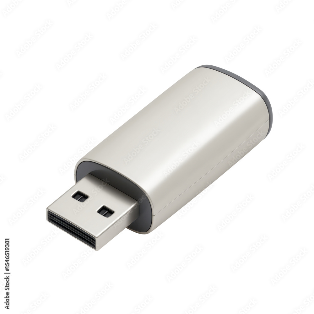 Silver USB flash drive isolated on a white background with detailed features and design aesthetics for technology and storage concepts Transparent background or png Silver USB flash drive isolated on a white background with detailed features and design aesthetics for technology and storage concepts Transparent background or png