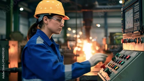 Female engineer operating machinery in a factory with sparks flying in the background