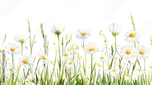 Delicate floral illustration featuring watercolor chamomile flowers on a white background for spring and summer botanical designs