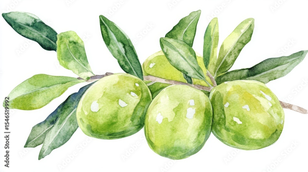 Obraz premium Illustration of a watercolor olive branch on a white background, featuring green olives and leaves, suitable for Mediterranean cuisine and nature-inspired designs