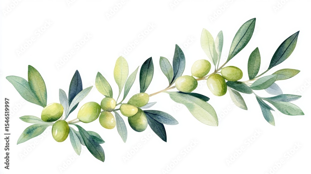 Obraz premium An olive branch with green olives and leaves, illustrated in watercolor on a white background, is used for botanical representations in Mediterranean cuisine and beauty product contexts