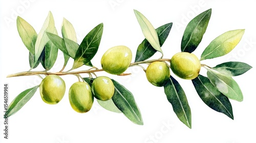 Wallpaper Mural Mediterranean cuisine and beauty products are represented by a botanical illustration of a watercolor olive branch accompanied by green olives and leaves on a white background Torontodigital.ca