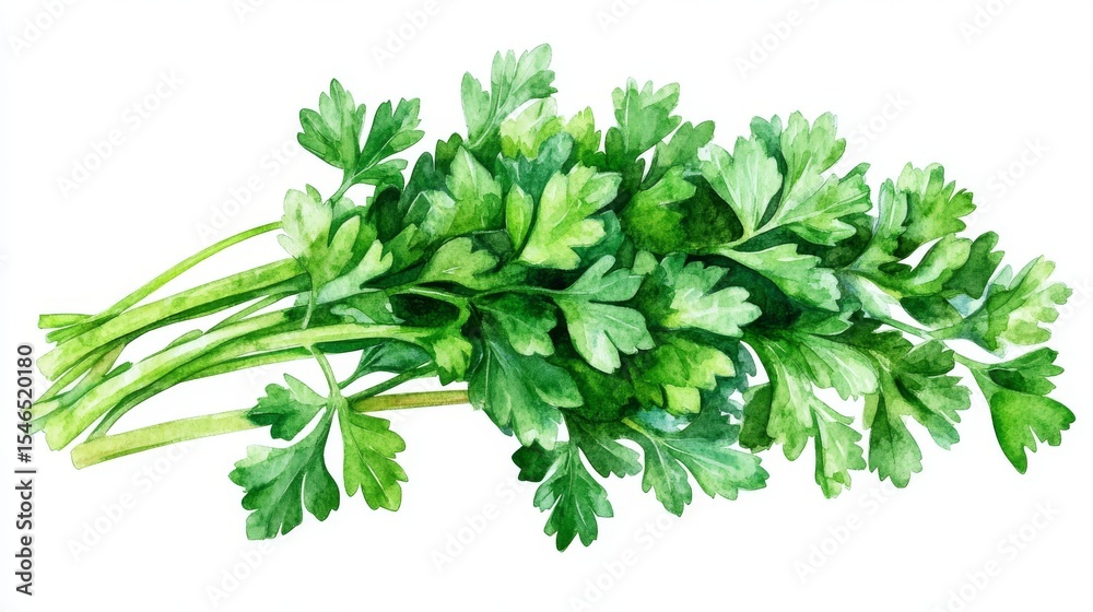 Obraz premium A fresh herb and culinary ingredient, parsley is illustrated in watercolor on a white background, presented as a piece of botanical art and an isolated element for design purposes