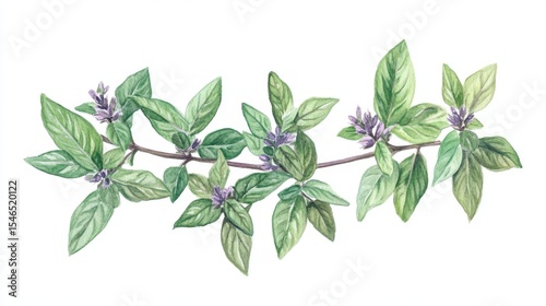 Illustration of a watercolor oregano branch with flowers, suitable for recipes, packaging, and botanical designs, isolated on a white background