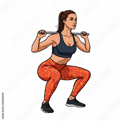 A fit young woman with a determined expression does squats with a stick on a white background.