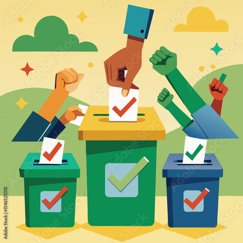 Diverse Hands Voting Ballot Boxes Green Blue Yellow