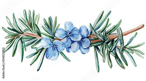 Culinary herb illustration featuring a watercolor rosemary branch with blue flowers, created for botanical art, food design, and herbal medicine applications