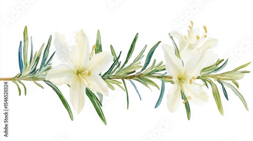 Botanical Illustration of a Watercolor Rosemary Branch with Flowers for Aromatherapy, Garden Design, and Culinary Herbs (Isolated on White