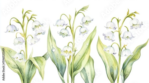For springtime designs and botanical themes, a lovely watercolor illustration of lily of the valley with dew drops is available, set against a clean white background