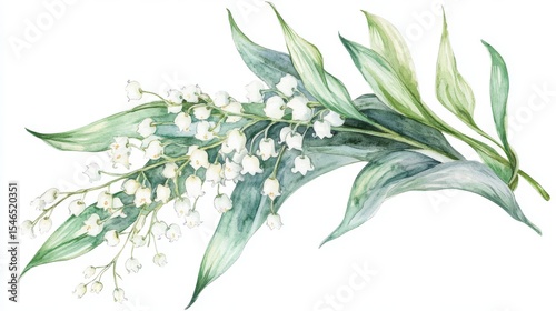 Delicate floral design featuring a watercolor lily of the valley illustration, ideal for spring, Mother's Day, and botanical art projects on a white background