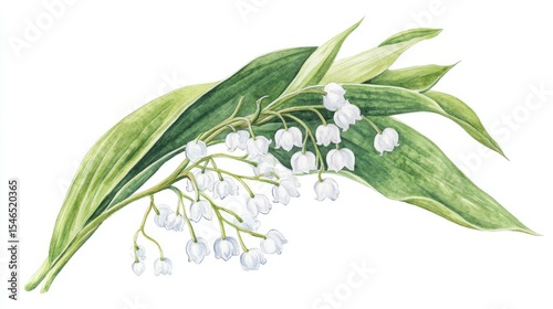 A watercolor illustration of lily of the valley is presented as a delicate floral design suitable for spring and Mother's Day, as well as various botanical art projects, set against a white backdrop