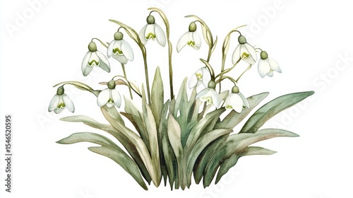 Delicate floral illustration of spring's first blooms, watercolor snowdrops on a white background, for use in botanical art on cards and designs