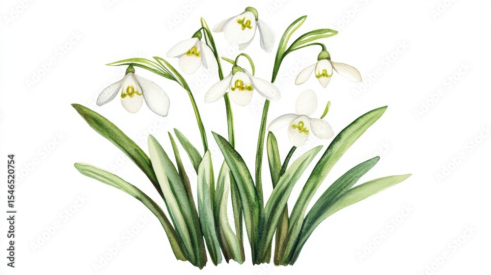 Watercolor illustration of an isolated snowdrop flower on white, a delicate spring blossom for incorporation into botanical art and various floral design compositions Watercolor illustration of an isolated snowdrop flower on white, a delicate spring blossom for incorporation into botanical art and various floral design compositions