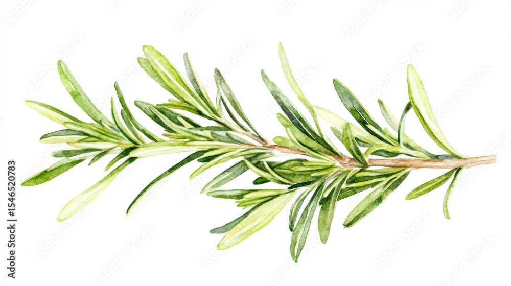 Fototapeta premium Rosemary sprig in watercolor, a culinary herb and aromatic ingredient, depicted on a plain white background