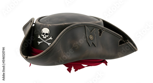 Aged Pirate Hat with Skull Design,  Tattered Fabric, Transparent Background