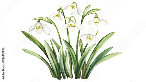 Watercolor illustration of an isolated snowdrop flower on white, a delicate spring blossom for incorporation into botanical art and various floral design compositions