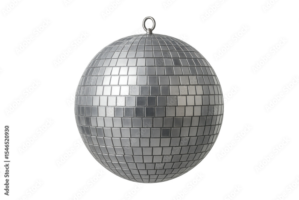 Fototapeta premium Classic silver disco ball hanging, reflecting light and creating a festive atmosphere, isolated on transparent background