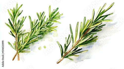 Illustration of rosemary sprig in watercolor, designed for incorporation into culinary and medicinal artwork, presented on a white background