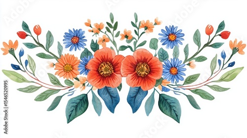 Delicate botanical illustration featuring daisies, cornflowers, and poppies in a watercolor floral arrangement suitable for spring and summer designs