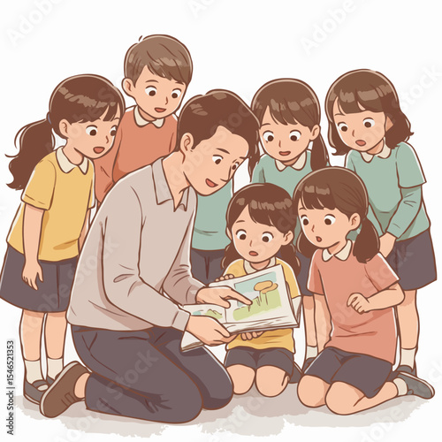 Caring male teacher happily reading a storybook to an engaged group of young children on a white background.