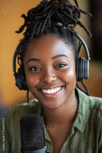 Smiling woman with headphones and microphone.
