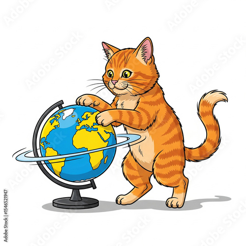 Cat cartoon globe playful illustration on white background