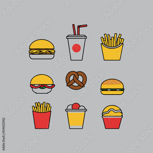 This set of nine flat icons depicts common fast food items, including hamburgers, French fries, a soda, a pretzel, and a dessert cup.