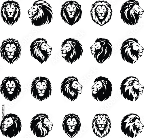 premium set black and white lion head vector illustration collection, fierce lion logo icon majestic animal clip art graphics isolated lion vectors for branding design and print mascot