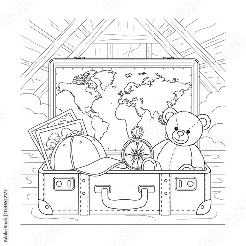 A suitcase in black and white holds travel memories gently