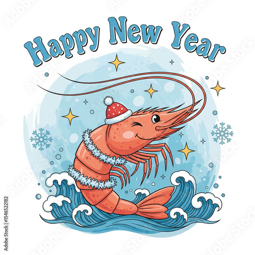 A shrimp in a Santa hat celebrates Christmas with joy