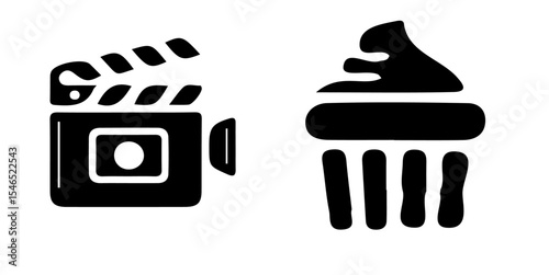 A simple black and white illustration of a film camera and a cupcake side by side on a white background