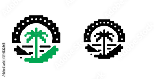 Two pixelated emblems featuring a palm tree island scene with a black dotted semicircle above it shown